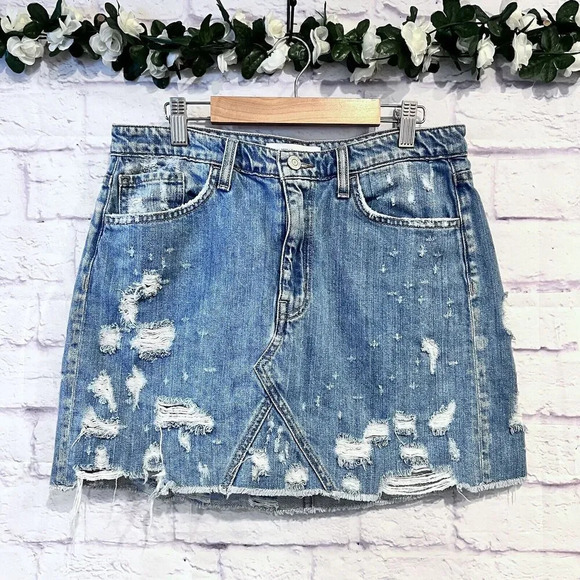 Flying Monkey‎ Women’s Heavily Distressed Mini Denim Skirt Blue Cotton Size 28 - Picture 3 of 11